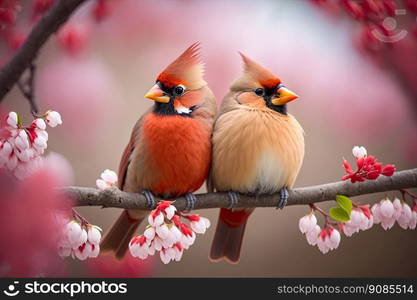 Couple of cardinal birds on a branch. Love concept. Generative AI