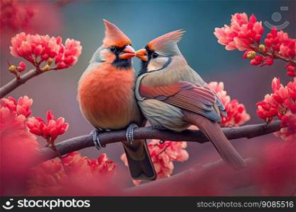 Couple of cardinal birds on a branch. Love concept. Generative AI