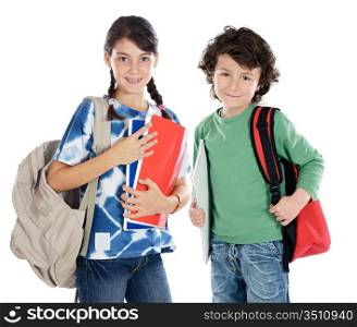 Couple of children students a over white background