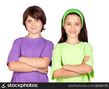 Couple of children with crossed arms isolated on white background