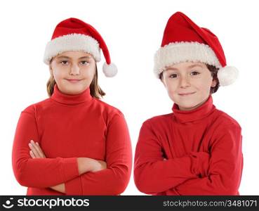 Couple of children with hat of Christmas isolated over white