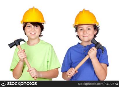 Couple of children with helmet and hammer over a white background