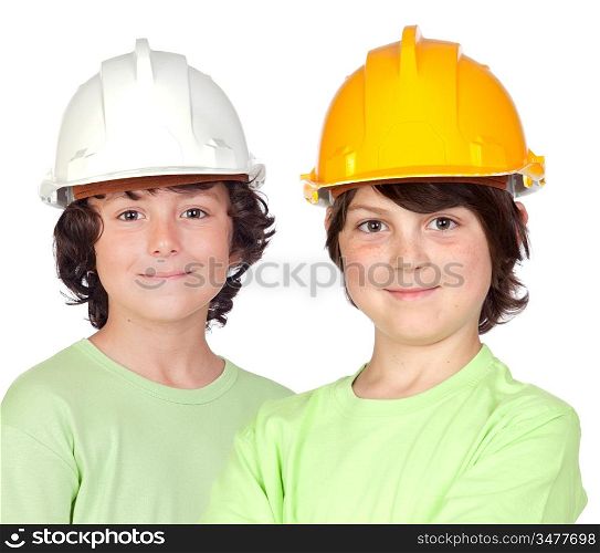 Couple of children with helmet isolated on a over white background