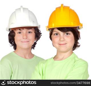 Couple of children with helmet isolated on a over white background