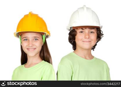 Couple of children with helmet isolated on white background