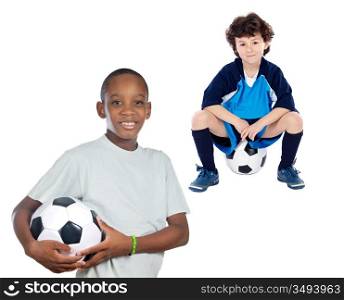 Couple of children with soccer ball a over white background