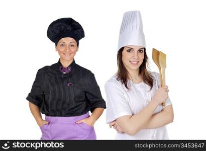 Couple of cooks women with black uniform isolated on white background