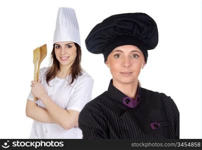 Couple of cooks women with black uniform isolated on white background