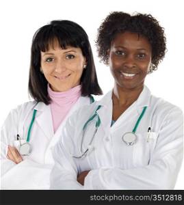 Couple of doctors girl a over white background