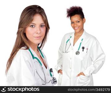 Couple of doctors girls isolated on white background