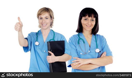 Couple of doctors woman a over white background