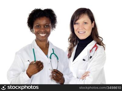 Couple of doctors woman a over white background