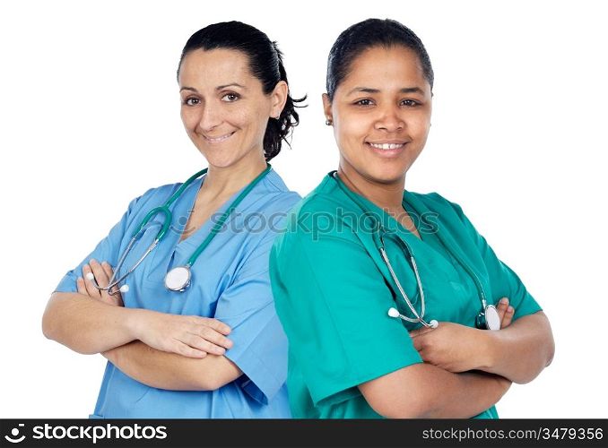 Couple of doctors woman isolated over a white