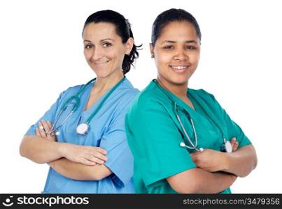 Couple of doctors woman isolated over a white