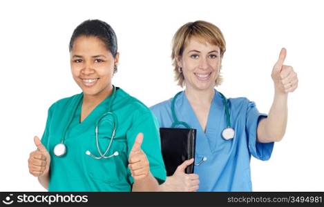 Couple of doctors woman saying OK isolated over a white