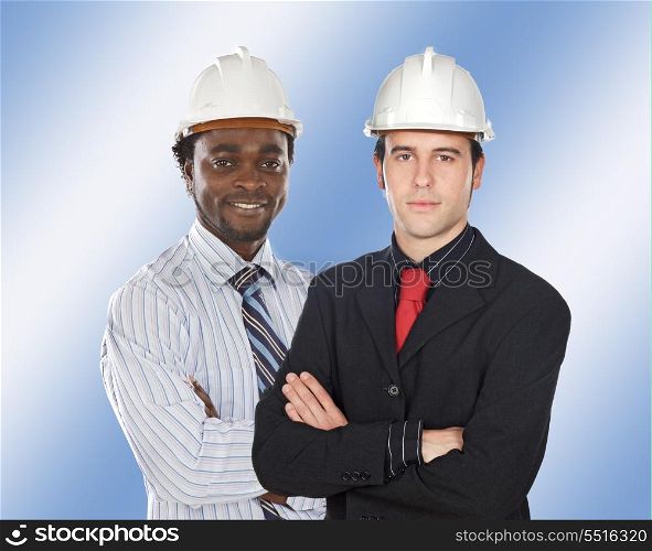 Couple of engineers on a over white and blue background