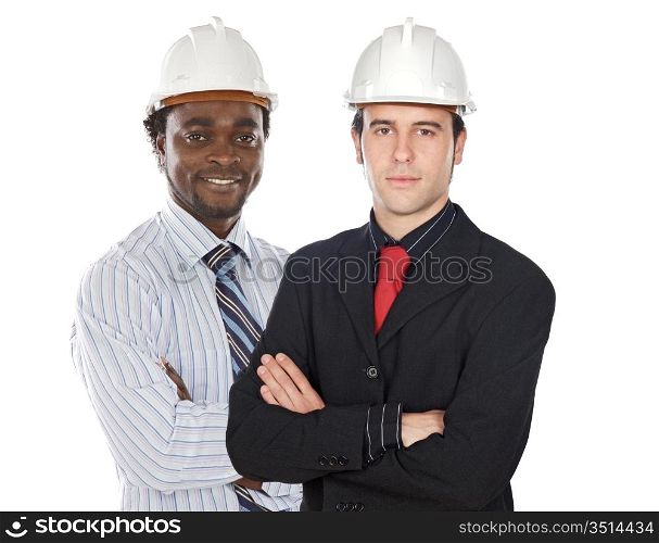 Couple of engineers on a over white background