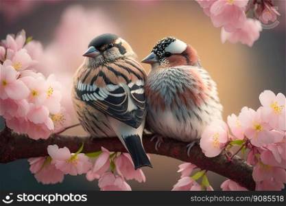 Couple of finch birds on a branch. Love concept. Generative AI