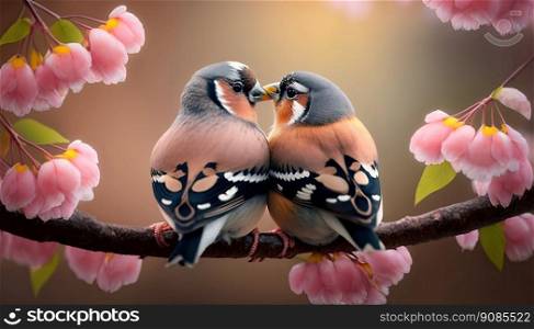 Couple of finch birds on a branch. Love concept. Generative AI