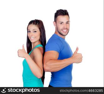 Couple of fitness friends saying Ok isolated on a white background