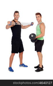 Couple of friends lifting weights isolated on a white background