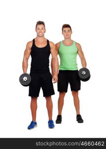 Couple of friends lifting weights isolated on a white background