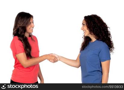 Couple of friends shaking hands isolated on white background