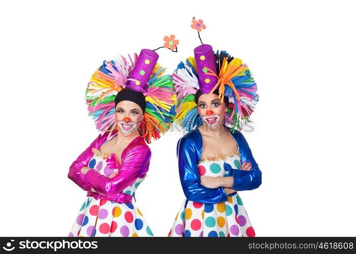 Couple of funny clowns with big colorful wigs isolated on white background