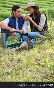 Couple of grape pickers sat on the grass