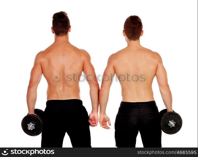 Couple of handsome muscled men back training isolated on a white background