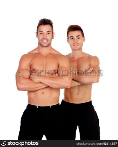 Couple of handsome muscled men isolated on a white background