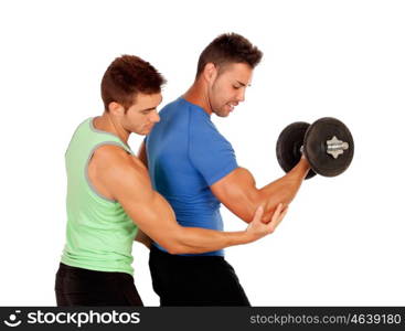 Couple of handsome muscled men training isolated on a white background