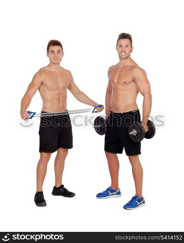 Couple of handsome muscled men training isolated on a white background