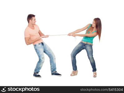 Couple of lovers pulling a rope isolated on a white background