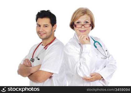 Couple of medical team a over white background