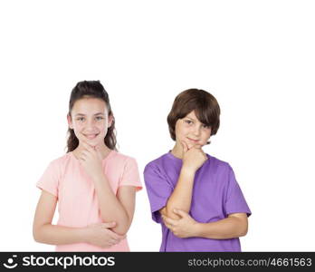 Couple of pensive children isolated on a white background