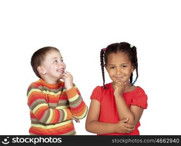 Couple of pensive children isolated on a white background
