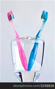 Couple of pink and blue toothbrushes in toothbrush holder.