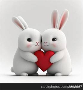 Couple of rabbits in love on a white background. Generative AI