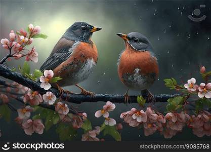 Couple of small birds on a flowered peach branch. Love concept. Generative AI