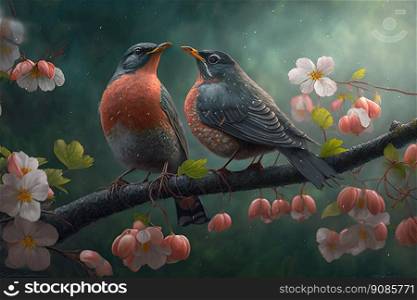 Couple of small birds on a flowered peach branch. Love concept. Generative AI