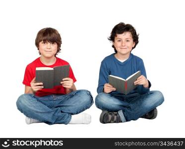 Couple of student children with a book isolated over white background