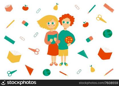 Couple of students on pattern of welcome back to school background