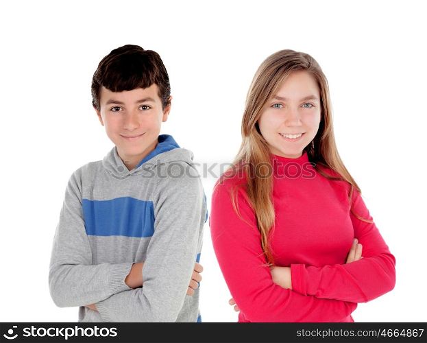 Couple of teenagers, girl and boy, isolated on a white background