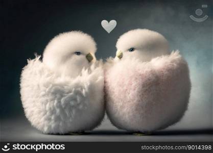 Couple of two cute fantasy baby chickens or chicks in love on Valentines Day. Couple of two cute fantasy baby chickens in love. Generative AI.