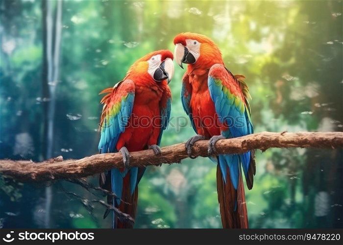 Couple of vibrant and colorful macaws. Generative AI