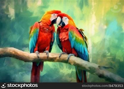 Couple of vibrant and colorful macaws. Generative AI