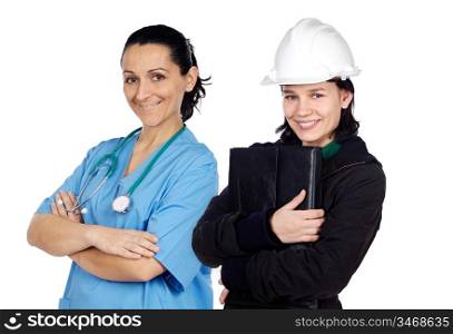 Couple of woman workers isolated over white