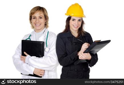 Couple of woman workers isolated over white