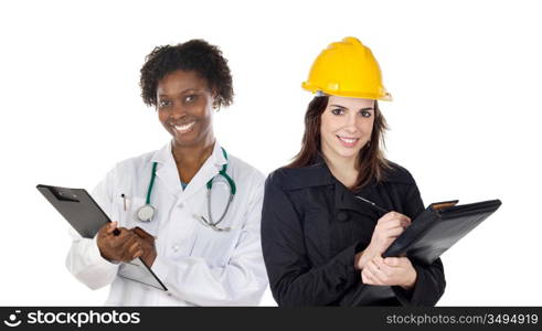 Couple of woman workers isolated over white